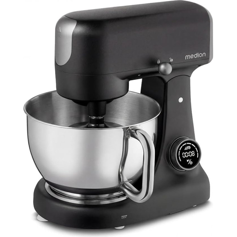 MEDION MD12600 virtuvinis kombainas (mėsmalė, 4,6 l nerūdijančio plieno indas, tylus nuolatinės srovės variklis, 800 W, tarkavimo trintuvė, skaitmeninis sensorinis jutiklinis ekranas, minkymo mašina, tešlos mašina, MD12600) Juoda