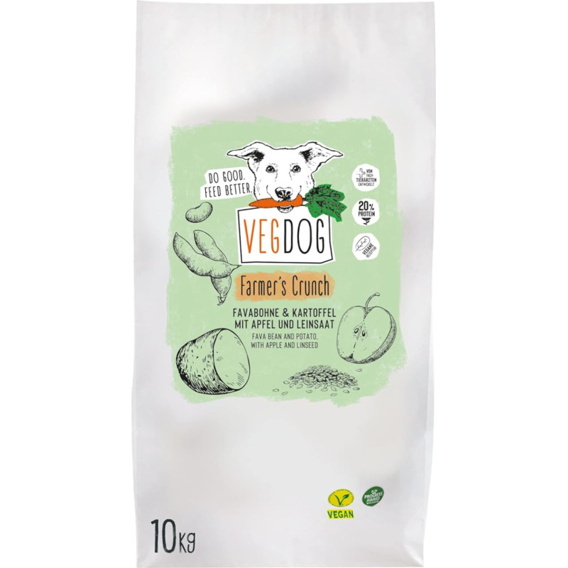 VEGDOG Farmer's Crunch Hypoallergenic Dry Food (10 kg) | Suaugę šunys | Be glitimo ir sojos | Mažai purinų | Visavertis maistas alergiškiems šunims su bulvių baltymais