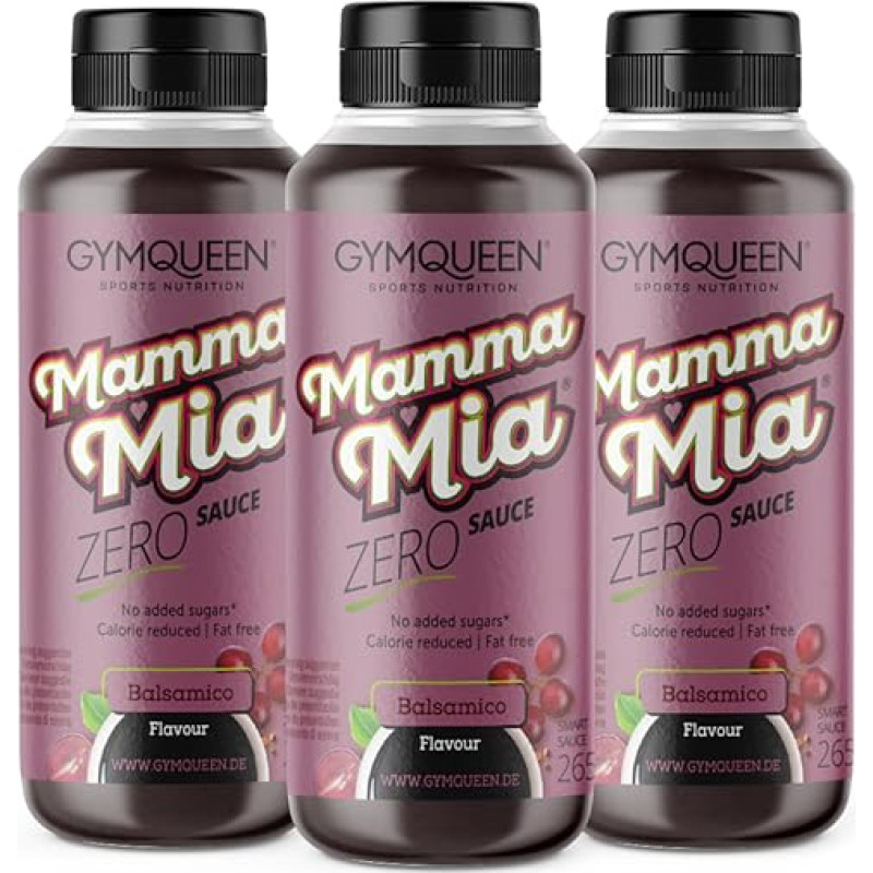 GymQueen Mamma Mia Zero padažas, 3 x 265 ml, mažo kaloringumo, be riebalų ir cukraus, skirtas patiekalams gardinti arba salotoms pagardinti, vegetariškas, be laktozės, balzaminis