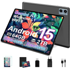 Android 15 Tablet with 64GB RAM + 2TB TF, 10.1 Inch Screen, Octa-Core, Gemin AI, WiFi 6, Bluetooth 5.0, Dual Camera 8MP + 5MP, 1280 x 800 HFD, Cast, OTG, Type C, with Case, Play Store Black