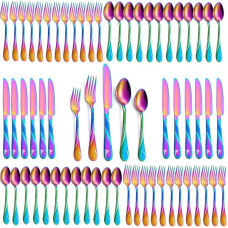 Rainbow Cutlery Set for 12 People, 60-Piece Stainless Steel Cutlery Set, Shiny Rainbow Metal Cutlery Set, Including Fork, Knife and Spoon Set, Dishwasher Safe