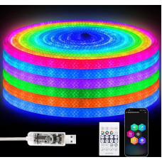 Neon LED Strip 5 m, 5 V USB RGB LED Strip, IP67 Waterproof Hose with Remote Control, App Control, Music Sync Timer, 360° Round Colour Changing Light Strip for Bedroom, Playroom, Party, Oudoor