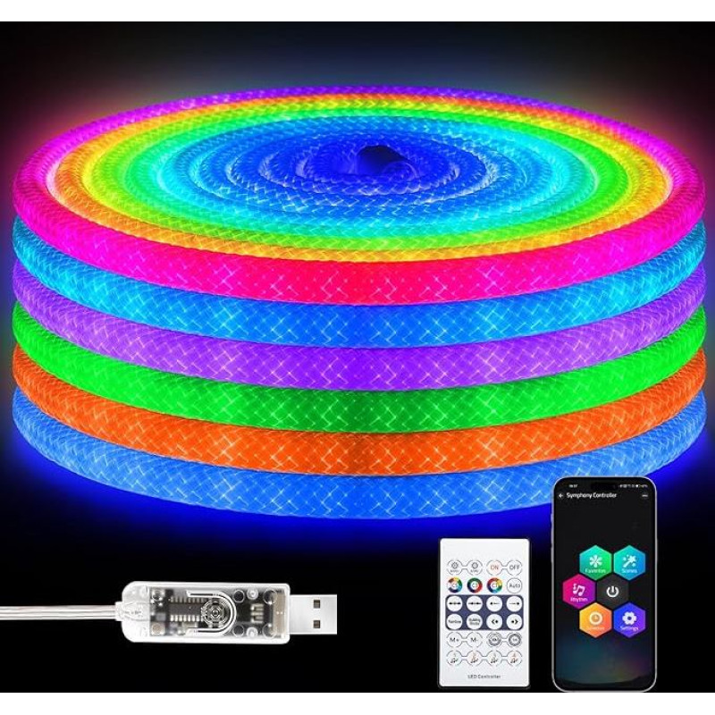 5 m neoninė LED juosta, 5 V USB RGB LED juosta, IP67 vandeniui atspari žarnelė su nuotolinio valdymo pulteliu, programėlės valdymu, muzikos sinchronizavimo laikmačiu, 360° apvali keičiamos spalvos šviesos juosta miegamajam, žaidimų kambariui, vakarėliui, 