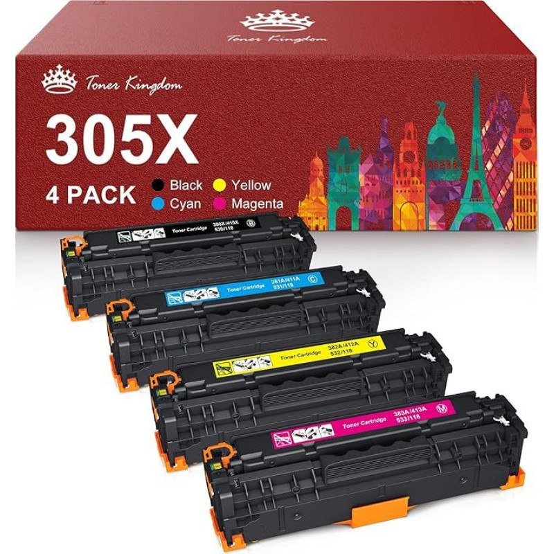 Tonerių karalystė Suderinamos HP 305X CE410X CE411A CE412A CE413A tonerio kasetės, skirtos HP LaserJet Pro 400 color MFP M475dn, MFP M475dw, M451dn, M451nw, M451dw, M451dw, Pro 300 color MFP M375nw - 4PK, 1B/1C/1Y/1M
