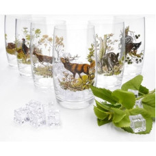 GTK - Geweihe & Trophäen KRUMHOLZ Long Drink Glasses 6 stiklinių rinkinys, 400 ml, 13 cm aukščio, su spalvotu medžioklės dizainu, dovanų dėžutėje