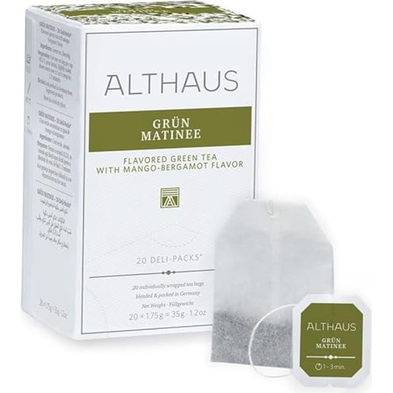 Althaus Tea Green Matinee 20 x 1.75 g ⋅ Green Tea with Mango Bergamot Flavour in Classic Tea Infusion Bag ⋅ Deli Pack