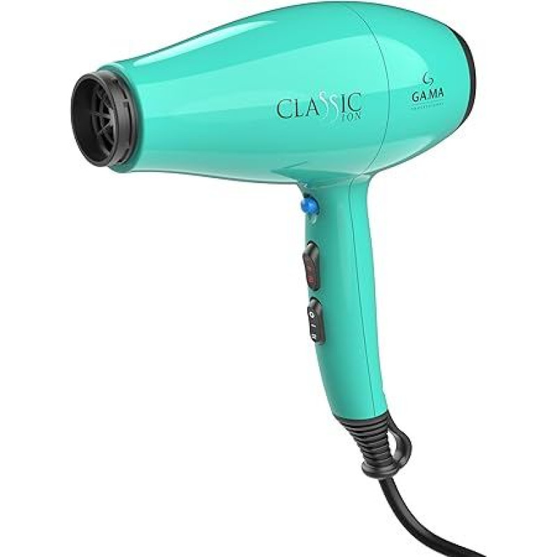 GA.MA Italy Professional, Haartrockner Classic Ion aquagrün, 2200 W, Wechselstrommotor, Ion Plus Anti-Frizz-Technologie, 6 Trocknungsstufen, abnehmbarer Filter, 2 Aufsätze und Diffusor inklusive