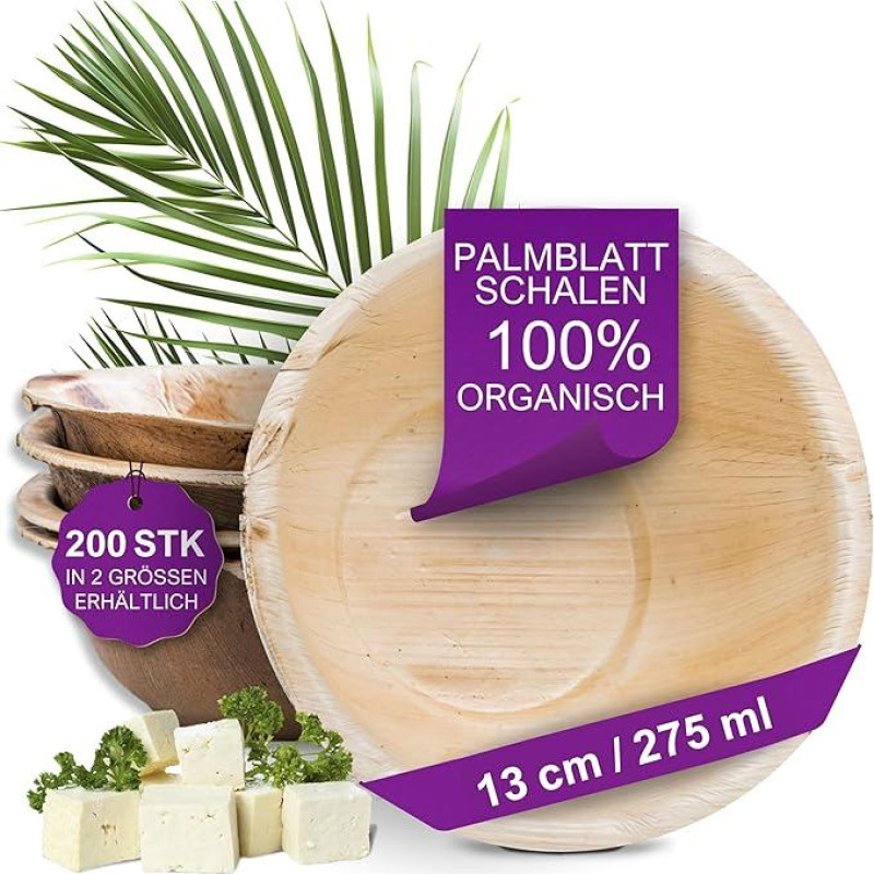 Ekologiški palmių lapų dubenėliai - 200 dubenėlių skersmuo 13 cm / 275 ml - aukščiausios kokybės vienkartiniai indai, kuriuos galima kompostuoti - Palmių lapų sriubos dubenėliai - vienkartiniai dubenėliai