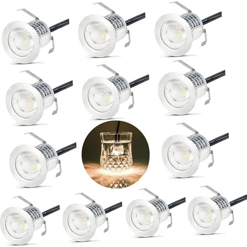 Terasos įleidžiami prožektoriai Terasos apšvietimas 12 LED įleidžiami grindų prožektoriai Šiltai balta IP67 atsparus vandeniui Lauko vidaus sodo medinis tiltas Baseinas Medinis denis apima 12 V maitinimo šaltinį, mini įleidžiami prožektoriai