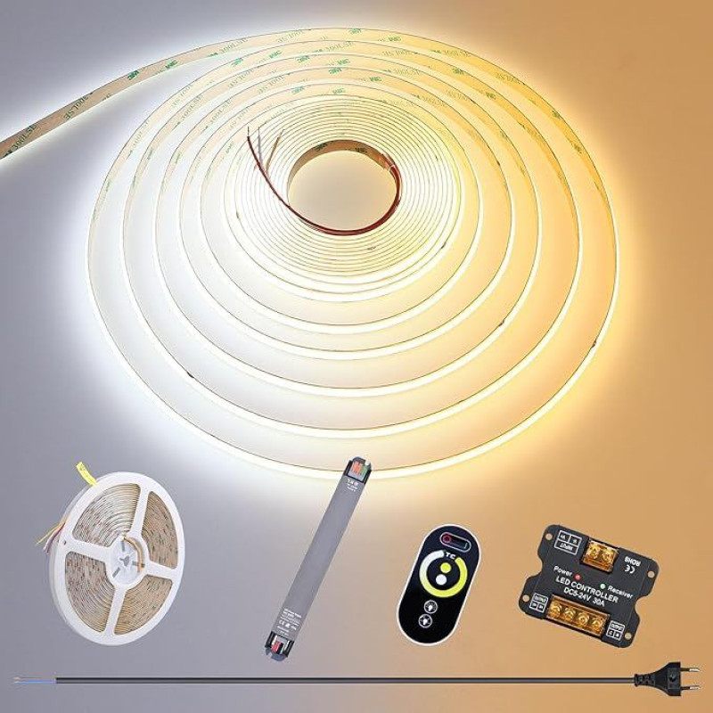 GOMING 24V 10M CCT COB LED juosta 2700K-6500K balta reguliuojama LED juosta su 24V 100W maitinimo šaltiniu ir valdikliu 576LEDs/M 10+10W/M CRI 93+ Lanksti IP20 nelaidi vandeniui LED juosta namų apdailai