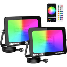 SKYWORLD 2 x 100 W RGB LED prožektorius, išmanusis LED prožektorius su programėlės valdymu, RGBW spalvų keitimas, reguliuojamas, atsparus vandeniui, lauko prožektorius sodui, kiemui, vakarėliui, nuotaikos žibintai