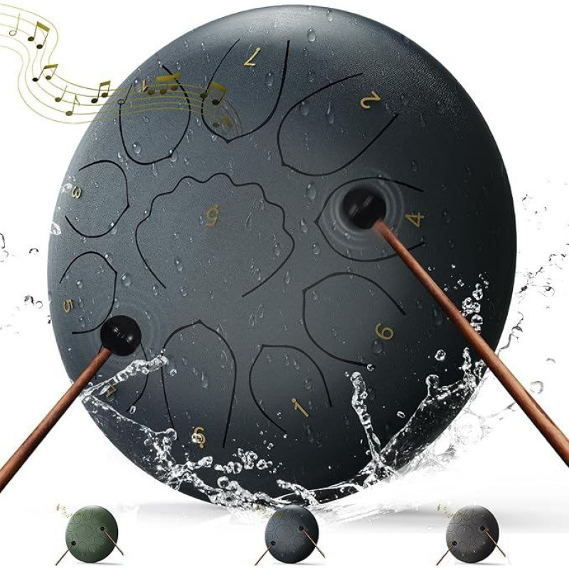 Lauko lietaus būgnas - 8 colių čakros būgnas su 11 natų, vandeniui atsparus sodo instrumentas, lauko lietaus žaidimas su būgno krepšiu, muzikos knyga ir būgno plaktuku