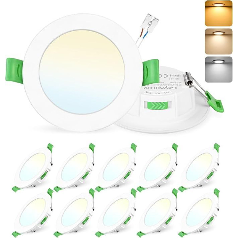 LED įleidžiami prožektoriai 230 V, reguliuojamas apšvietimas, 75-90 mm skylės dydžio LED taškai, 8 W 800 LM įleidžiami žibintai, IP44 2700 K/4000 K/6500 K lubų prožektoriai, ypač plokšti įleidžiami prožektoriai vonios kambariui