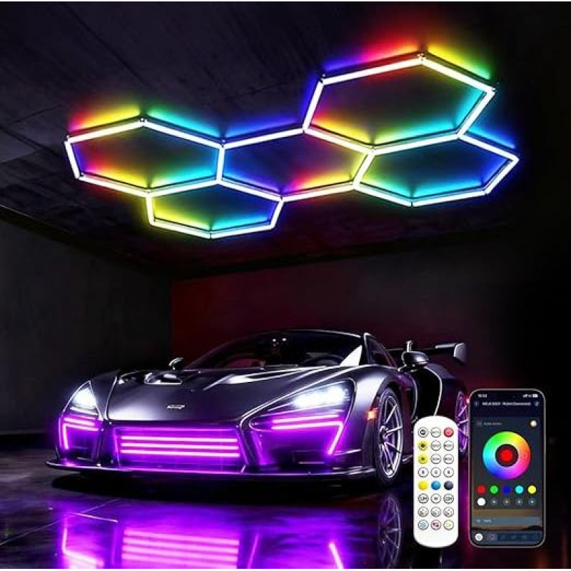 Garažo lempa LED 5-Hex RGB Kietas dirbtuvių lubų apšvietimas LED žibintai Dimmable 216 W Nuotolinio valdymo šešiakampis garažo apšvietimas garažui, dirbtuvėms, sandėliui, rūsiui, sporto salei