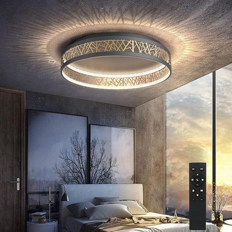 LED lubų šviestuvas su nuotolinio valdymo pulteliu, reguliuojamas miegamojo šviestuvas, apvalus juodo aukso spalvos tuščiavidurio dizaino svetainės lubų šviestuvas, skersmuo 50 x aukštis 12 cm