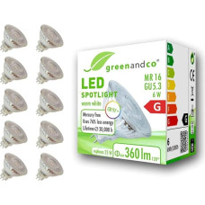 greenandco 10x CRI 97+ MR16 GU5.3 LED prožektorius, 6 W, 360 lm, 2700 K šiltai balta, 110°, 12 V AC/DC, nestabdomas