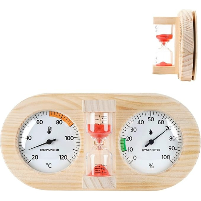 Sauna-Thermometer und Hygrometer, Wandmontage, Temperatur- und Luftfeuchtigkeitsmesser, mit 15-Minuten-Sanduhr-Timer für Dampfbad (A)