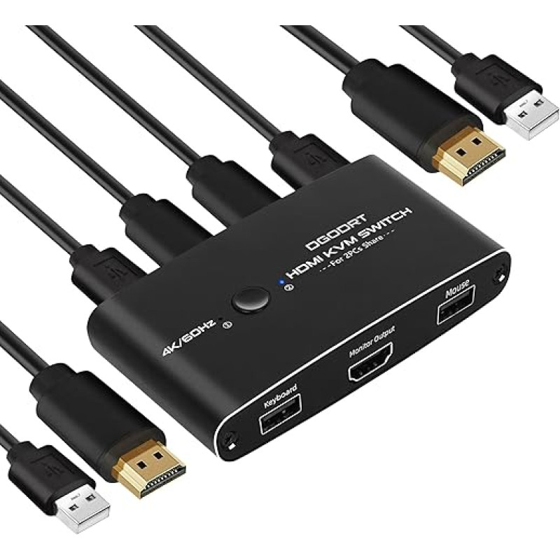 DGODRT 4K 60Hz KVM jungiklis, USB HDMI jungiklis, skirtas 2 kompiuteriams, 1 monitoriui ir 2 USB įrenginiams, įskaitant 2 HDMI ir 2 USB kabelius