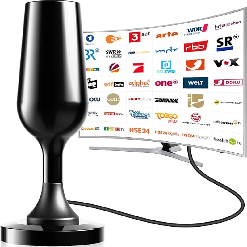 Vidinė TV antena, DVBT2 antena, DVBT antena, tinkama vietiniams siųstuvams, kambarinė antena, 360° visų kampų priėmimas, palaiko 4K/1080P HD skaitmeninius kanalus, su magnetiniu pagrindu, 2,5 m ilgio laidas