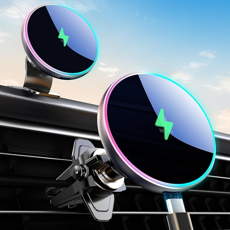 MOKPR Magsafe automobilinis laikiklis su įkrovimo funkcija, 15 W su MagSafe automobiliniu laikikliu Mobilusis telefono laikiklis automobilyje su įkrovimo funkcija Ventiliacija / prietaisų skydelis iPhone 16/15/14/13/12 (juodas)