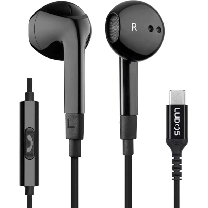 LUDOS Ferox USB C ausinės, 5 metų garantija iPhone 16 15 Pro Max Plus Samsung Galaxy S24 S23 Ultra S22 S22 S21 FE S20 A53 A54, USB C tipo ausinės su mikrofonu, skirtos iPad Pro