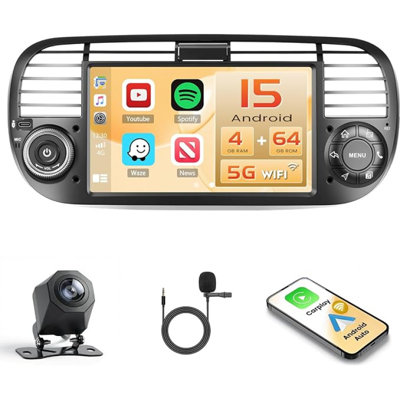 Android 15 4+64GB Autoradio für FIAT 500 2007-2015 mit 7 Zoll IPS Touchscreen, Autoradio 2DIN mit Wireless Carplay Android Auto, FM/RDS Radio BT GPS WiFi Rückfahrkamera + MIC + Type-C