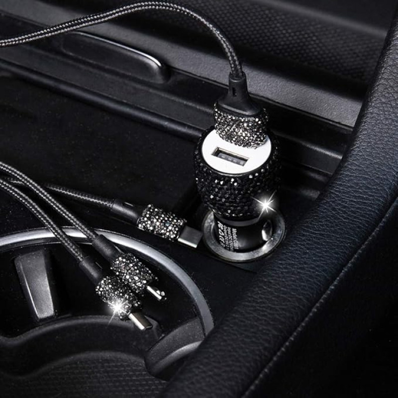 Cigaretės žiebtuvėlio USB įkroviklis Rhinestones Crystal Bling Glitter Diamond Car Charger Dvigubas USB automobilinis įkroviklis, suderinamas su iPhone GalaxyHuawei automobilių mobiliųjų telefonų įkrovikliais ir greito įkrovimo laidu, juodas