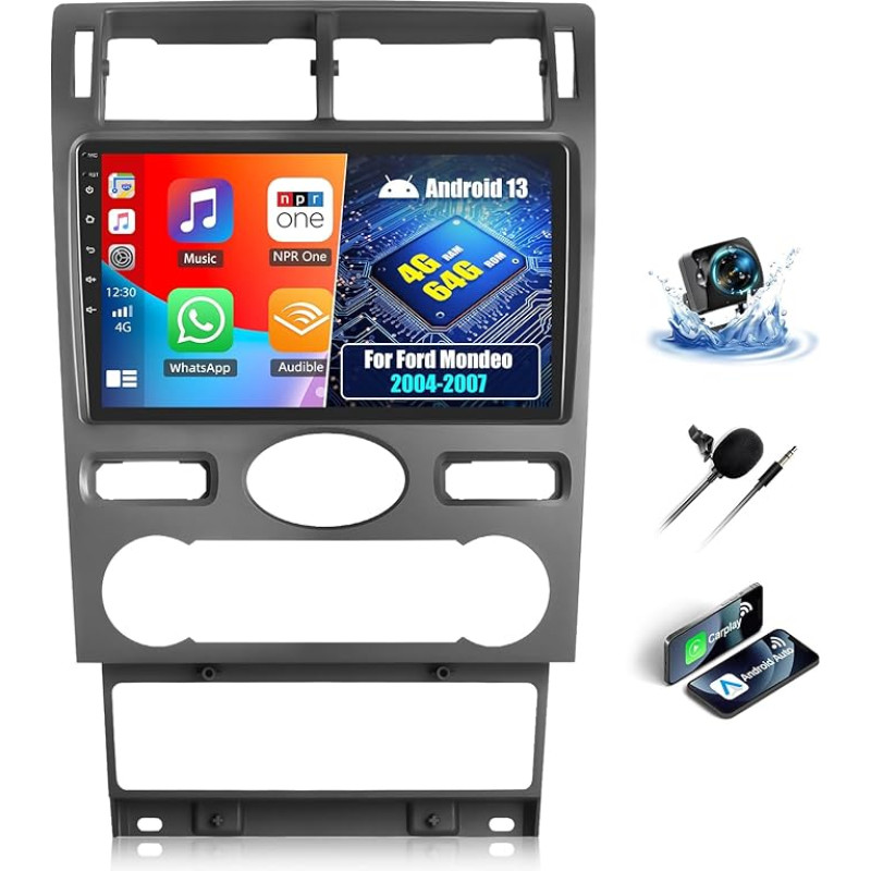 OiLiehu 4+64G Android 13 Dvigubas DIN radijo imtuvas Carplay Android automobilis Ford Mondeo 2004-2007 m. Automobilinis radijas su 9 colių ekranu Palaiko Mirror Link Bluetooth FM RDS GPS WiFi SWC EQ + atbulinės eigos kamera