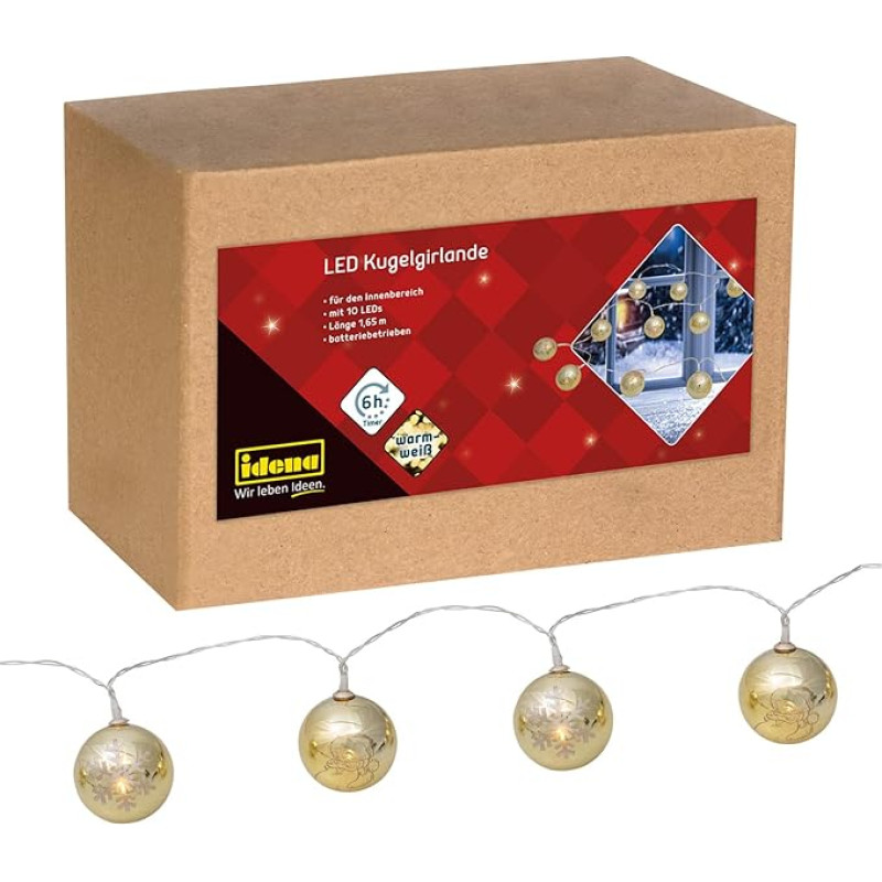 Idena 31267 LED girlianda su 10 šiltos baltos spalvos šviesos diodų, pasakų lemputės su auksiniais kalėdiniais bumbuliukais, su 6 valandų laikmačio funkcija, maitinama baterijomis, apie 1,65 m ilgio, vidaus dekoracijos, Kalėdos
