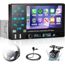 Hodozzy 1 Din Autoradio mit Drahtlose CarPlay Android Auto, 5.5 Zoll IPS Bildschirm mit USB/Bluetooth 5.2/FM/EQ/Lenkradsteuerung+Rückfahrkamera