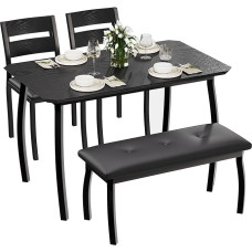 4-Piece Kitchen Table Set, Dining Table with 2 Chairs & Padded Benches for Small Spaces, Rectangular Dining Table Made of Metal and Wood for 4, Ideal for Dining Room & Apartment, Black