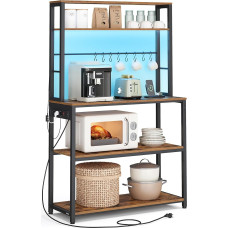 VASAGLE KKS050KD01 Kitchen Shelf with LED Lighting, Standing Shelf with Sockets, Microwave Shelf with Adjustable Shelves, 8 Hooks, 40 x 80 x 168.4 cm, Vintage Brown Matt Black