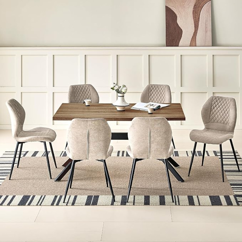 JIJIAN valgomųjų rinkiniai su tamsiai rudos spalvos mediniu valgomojo stalu ir 6 rudos spalvos kėdėmis, 140 x 80 x 76 cm stačiakampio formos valgomojo stalas su 6 ergonomiško dizaino lininėmis valgomojo kėdėmis, skirtomis valgomajam, virtuvei