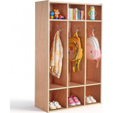VEVOR Offener Kinderkleiderschrank aus Sperrholz, Kindergarderobe mit 6 Haken & 9 Fächern (3 Groß + 6 Klein), Garderobenregal & Aufbewahrungsregal für Kinderzimmer Zuhause Kindergarten Kita