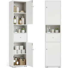 HOKEEPER Siaura balta vonios kambario spintelė - šoninė spintelė su stalčiumi ir atviru skyriumi - laisvai pastatoma aukšta spintelė vonios kambariui, svetainei ir miegamajam - erdvę taupanti medinė vonios kambario komoda