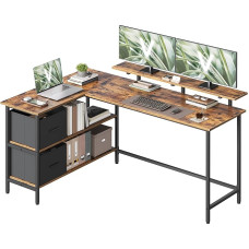 VASAGLE L-Shaped Desk, Corner Desk, 2 Spacious Drawers, Computer Desk with Monitor Stand, with Adjustable Shelf, for Home Office, 155 x 105 cm, Vintage Brown LWD129K101