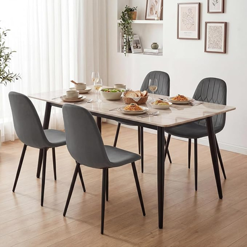 YOUDENOVA Valgomojo kėdės, 4 vnt., aksomo užvalkalas, tinka svetainei, valgomajam ir virtuvei, ergonomiškos kėdės su atlošu, tvirtos metalinės kojos, 150 kg keliamoji galia, tamsiai pilkos spalvos