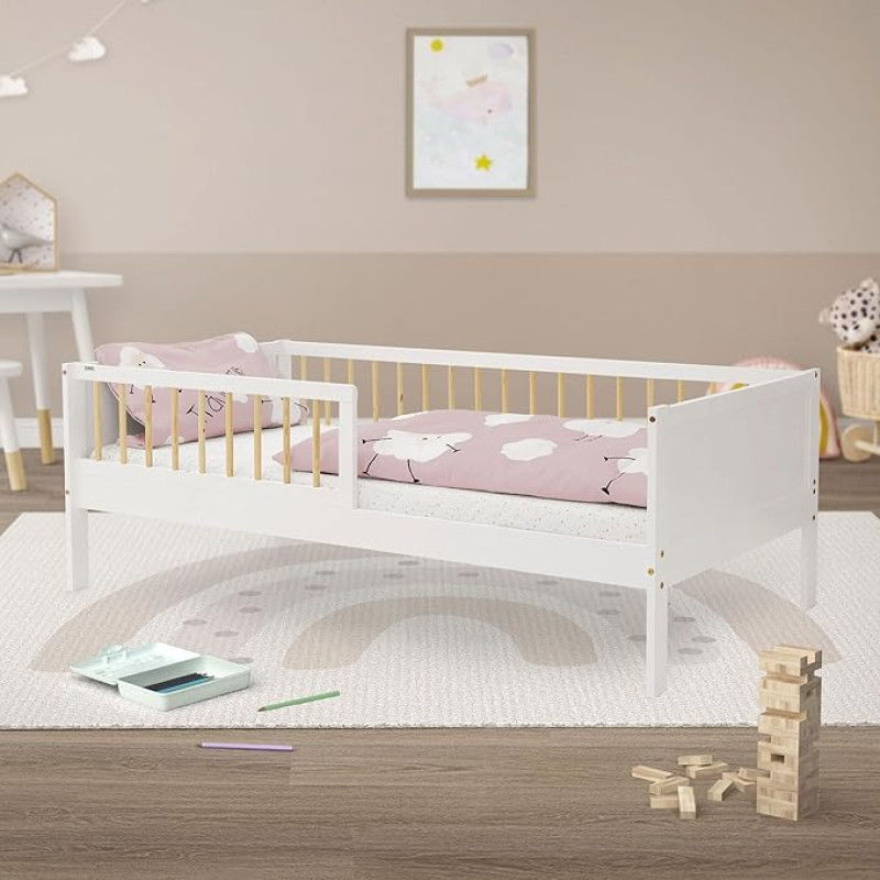 ML-Design Vaikiška lova 80 x 160 cm balta natūrali viengulė lova vaikams su skersiniu rėmu ir apsauga nuo kritimo, vaikiška lova, pagaminta iš pušies medienos, medinis lovos rėmas berniukams ir mergaitėms, medžio masyvas