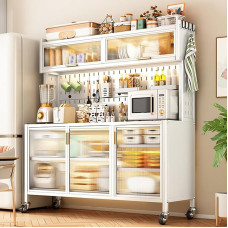 Penkių pakopų kepimo lentyna su durelėmis | Stovinti virtuvės lentyna | Mikrobangų krosnelės stovas su pakabinamais priedais | Virtuvės lentyna su ratukais ir reguliuojamomis kojelėmis (Spalva: W-143CM/56,2