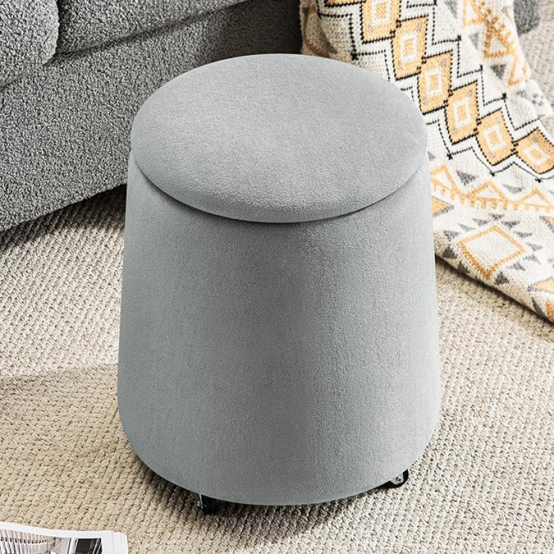 Hellove Stool with Storage Space, Round, Teddy Fabric Stool with Wheels, Coffee Table Removable Lid, Upholstered Stool for Dressing Table, Living Room & Hallway Furniture, Storage Stool Living Room