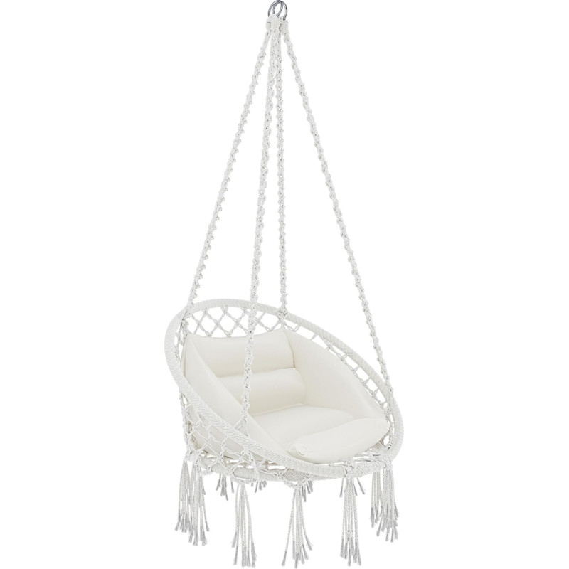 Hängesessel für den Garten, Baumwollseil, Makramee-Effekt, Hängesessel aus Stahl, Hängematte, Schaukelstuhl mit gepolstertem Sitz für den Außenbereich, Terrasse, modernes Design, bis 160 kg (Beige)