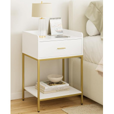 HEYZOEY Bedside Table, White, 3-Tier Bedside Table, Modern Small Bedside Table with Drawer and Shelf for Bedroom, Living Room, White with Gold Leg (Large)