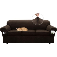 Sofa-Schonbezug mit Armlehnentaschen, 4-teiliges Set, Stretch-Kunstleder, Couchbezug für 3-Sitzer-Sofas (passend für 182,9-233,7 cm), rutschfest, maschinenwaschbar, haustier- und
