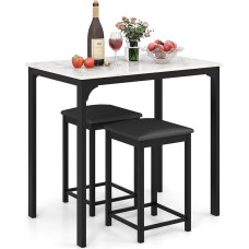 COSTWAY 3-Piece Dining Table Set, Bar Table Set with 2 Bar Stools, Dining Set with Padded Chairs, Kitchen Table, Bar Table with Metal Frame for Dining Room, Living Room, 90 x 60 x 82 cm (White)