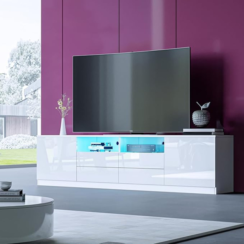 LED televizoriaus stovas TV spintelė TV spintelė 180 cm, modernus baltos spalvos blizgus priekinis matinis korpusas su 2 durimis ir 4 stalčiais, skirtas miegamajam, svetainei, namų baldams (balta)