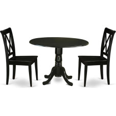 East West Furniture DLCL3-BLK-W 3-Piece Kitchen Table Set for Small Spaces, Includes Round Dining Table with Dropleaf and 2 Solid Wood Seats, 42