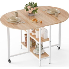 Mondeer Mobile Folding Dining Table with 2 Open Shelves Round Edge Design Small Spaces Dining Room Kitchen 120 x 80 x 75 cm Oak and White