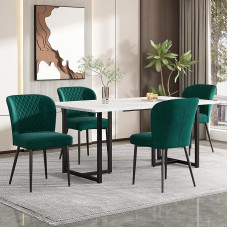 Dining Set, 140 x 80 x 75 cm, Dining Table with 4 Velvet Dining Room Chairs, Upholstered Chair, Design Chair with Backrest, L-Shaped Black Table Legs (Dark Green-A)