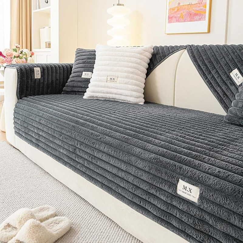 Fuzzy Sektionalsofabezug für Sofa, warme Plüsch-Sofabezüge, waschbar für 2-3-Sitzkissen, Couch, rutschfester Schonbezug, Sofabezüge für Haustiere, Möbelschutz (1 Stück, Dunkelgrau, 88,9