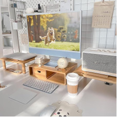 Bamboo Dual Monitor Shelf for 2 Monitors, Monitor Stand Riser, Including Storage for Desk Office Supplies, and Supports for Computer Monitor, Heavy TV Riser up to 130 lbs, Natural